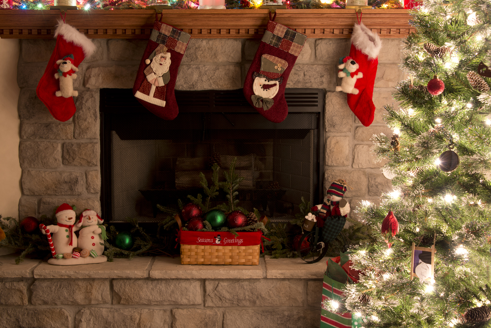 Christmas Tree And Fireplace With Christmas Stockings